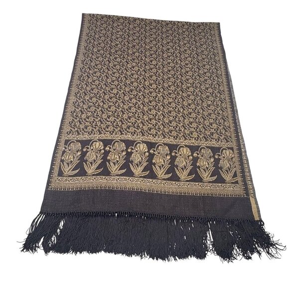 Floral Patterned Shawl With Fringe Detail in Black and Gold